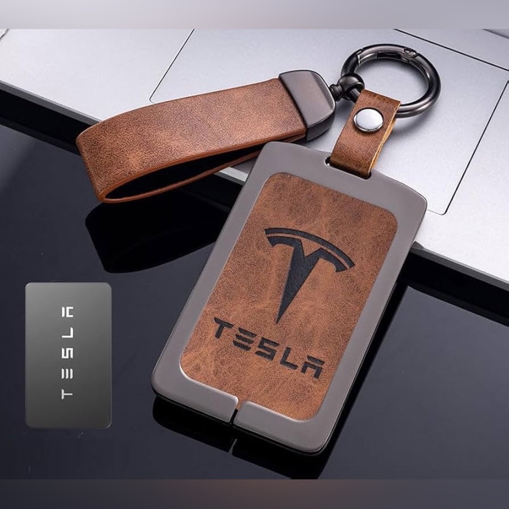 🌙 CC - Tesla Brown Leather FOB cover & Keychain